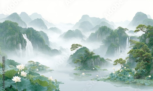 A picturesque mountain landscape with cascading waterfalls, misty air, and lotus flowers floating on a serene water body.