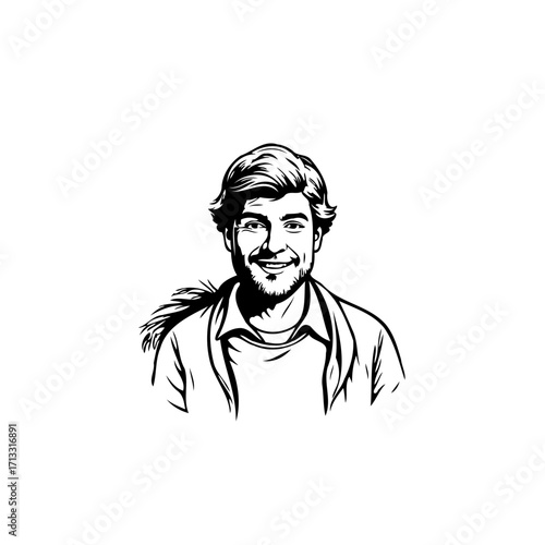 Illustration of a smiling man with jacket in black and white for creative purposes