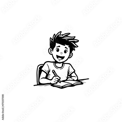 Illustration of a young student earnestly engaged in learning and writing at their desk filled