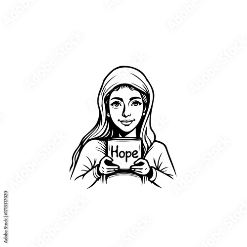 Illustration of a young woman conveying message of encouragement holding a sign of hope in her
