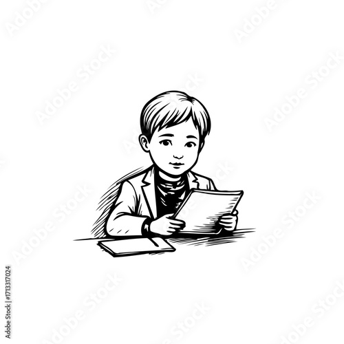 Illustration of a young student studying or working on homework with diligent focus and