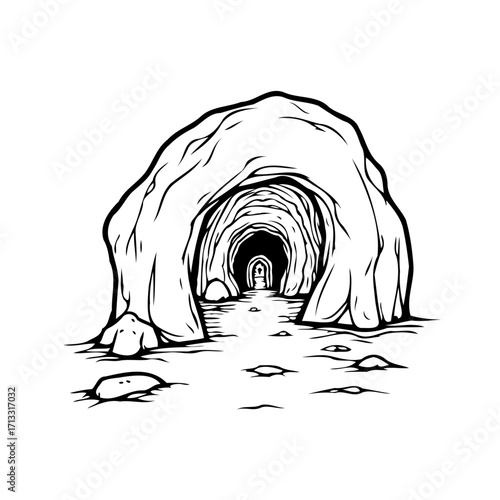 Illustration of an enigmatic cave entrance leading to a mysterious dark interior passage concept