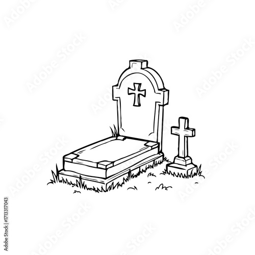 Illustration of an old memorial grave monument gravestone with a cross with grass in line drawing