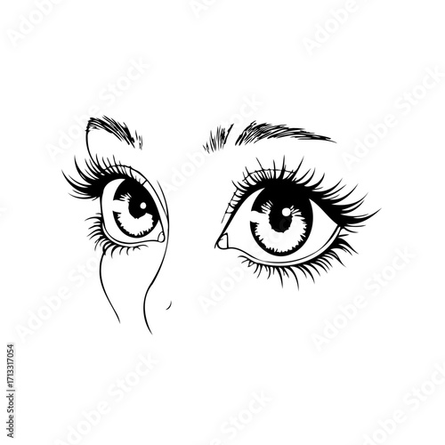 Illustration of expressive eyes drawn in a manga style with long eyelashes and stylized eyebrows