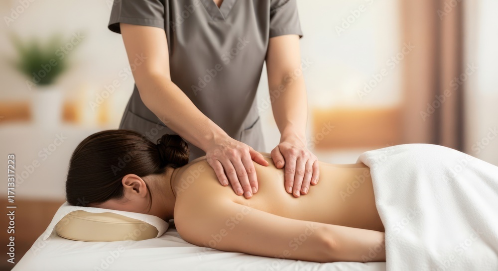 Fototapeta premium Relaxation process professional massaging treatment for woman client in modern spa