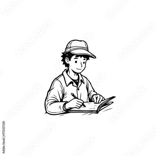 Illustrative depiction of a person writing in a book while wearing a hat under simple lighting