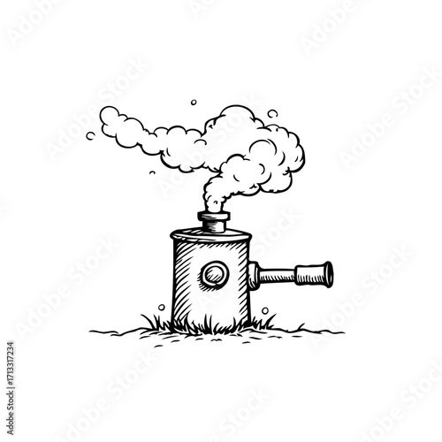 Illustrative depiction of a retro steampunk style container releasing rising vapor sketch on white