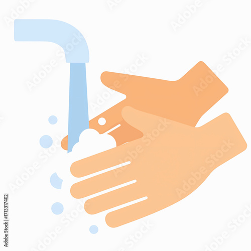 A vector illustration of a handwashing scene with a focus on clean hands, solid colors, white background