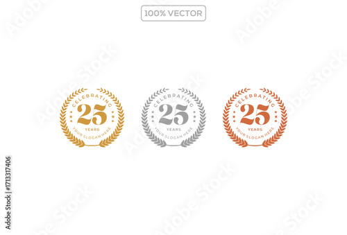 25 anniversary logo luxury circle emblem badge vector design isolated in gold silver brown colors illustration