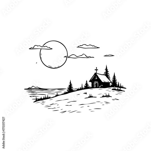 Ink drawing depicts secluded chapel nestled atop hill amidst serene landscape under a sunlit sky
