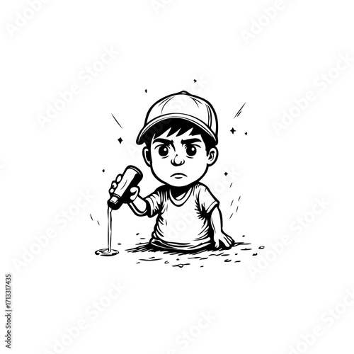 Illustrative youth pouring a beverage, exhibiting a contemplative expression with whimsical