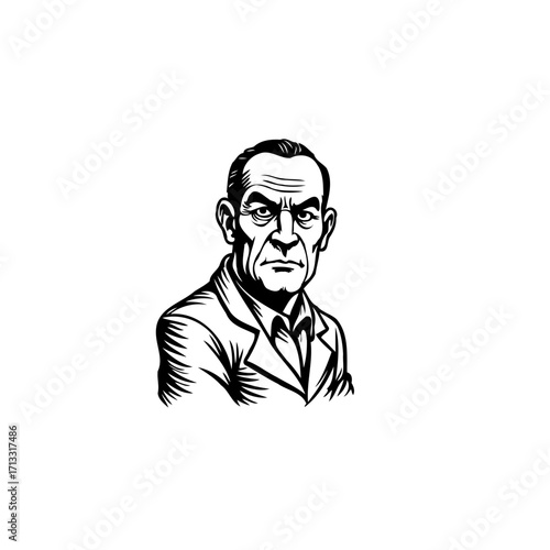Intense gaze of a mature man in a suit artwork displaying classic monochrome illustration with