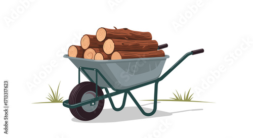 A garden wheelbarrow filled with chopped logs for firewood.