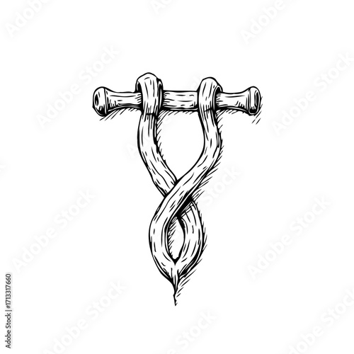 Intricate monochrome illustration depicting an enigmatic intertwined object reminiscent of