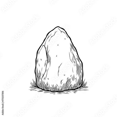 Isolated boulder with grass detailed drawing of granite outdoor rough mineral structure and