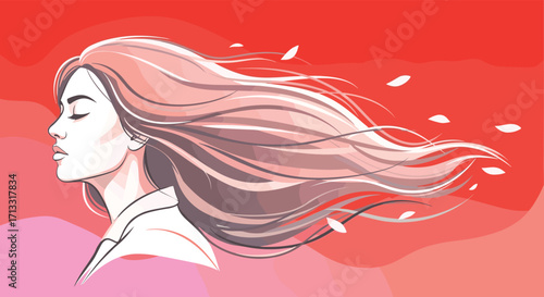 A serene portrait of a woman with her eyes closed and hair flowing in the wind.