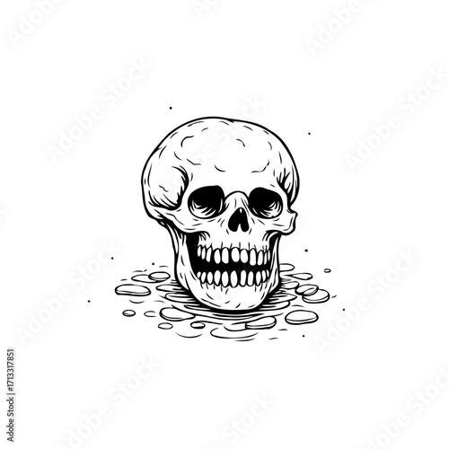 Isolated skull illustration with textured rock fragments offering a monochromatic art style