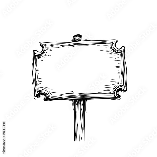 Isolated vintage woodcut signboard offers rustic charm with blank signage ready for announcements