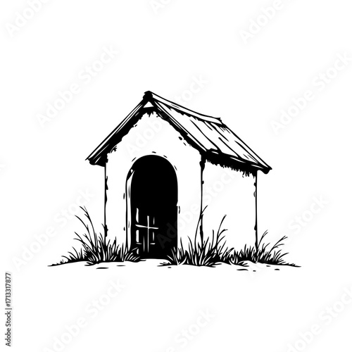 Isolated whimsical dog house illustration showcasing a simple structure with surrounding grassy