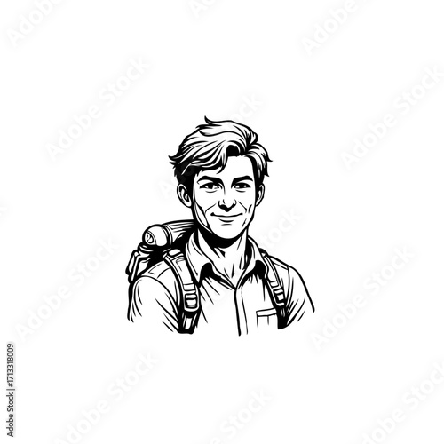 Line art portrayal of a smiling young hiker with backpack embodying adventure spirit outdoors