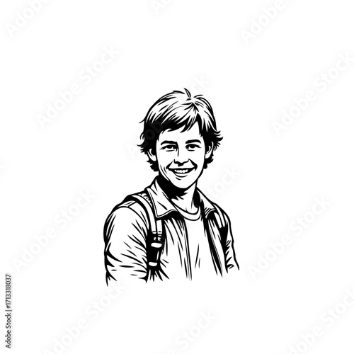 Line drawing of a cheerful young man with backpack radiating positive energy and youthful optimism