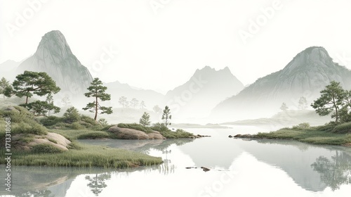 A tranquil mountain lake scene with mist enveloping the mountains and lush greenery surrounding the water.