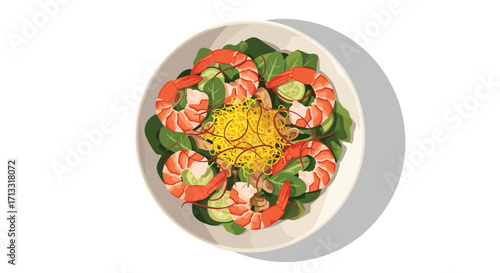 A vibrant bowl of fresh shrimp salad with greens and cucumber. 