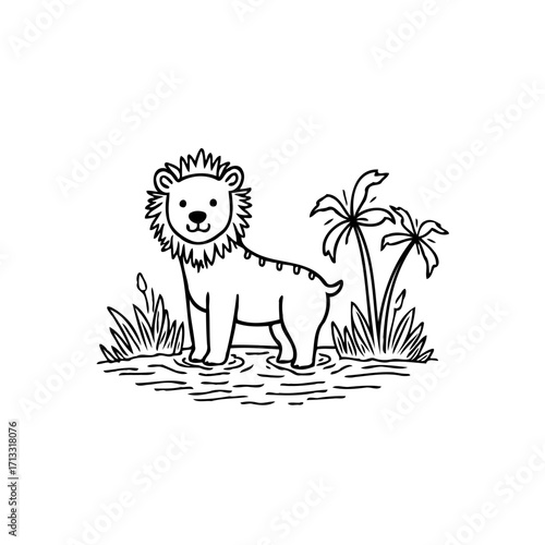 Lion cub adventure illustration in watery plain with palm trees create whimsical scene of wildlife