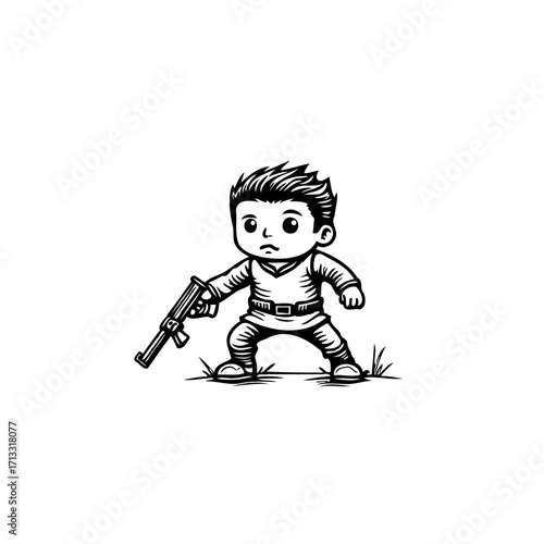 Little boy stands holding toy gun in black and white illustration artistic design with white