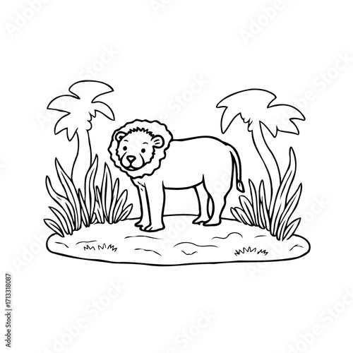 Lion illustration amid stylized jungle greenery providing a simple yet engaging artistic
