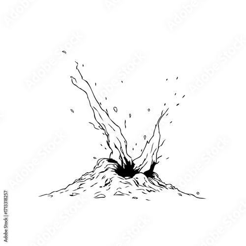 Minimalist drawing depicting an eruption from a volcanic cone with splashing molten material a