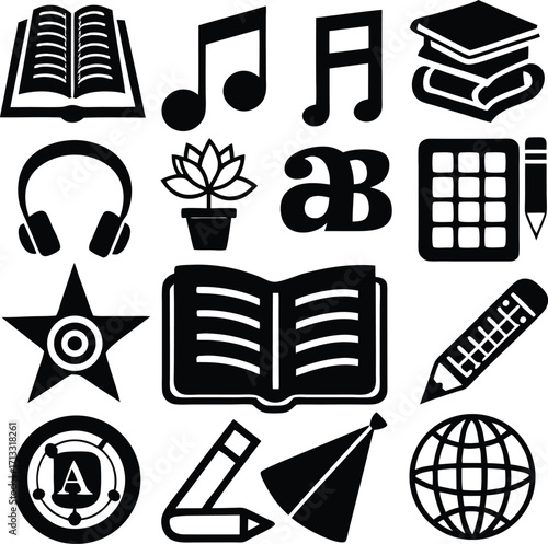 Education and learning icons collection featuring books music and study symbols for digital and print media applications