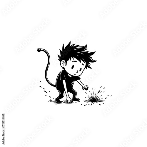 Mischievous cartoon boy with a tail discovers a small explosion in black and white linework
