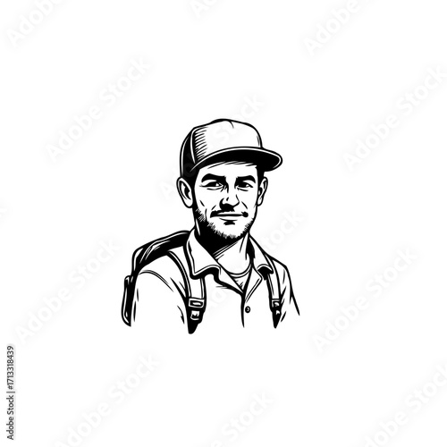 Monochromatic adventure portrait of a young man with a backpack conveying modern exploration and