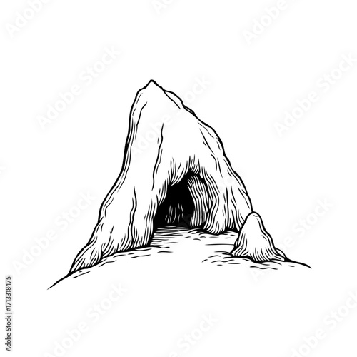 Monochromatic cave entrance artistic illustration showcasing geological formation etched with