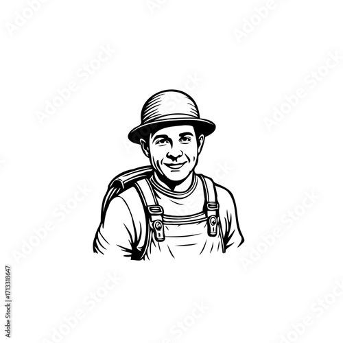 Monochrome adventure illustration a man with a hat smiling and his backpack ready for exploration