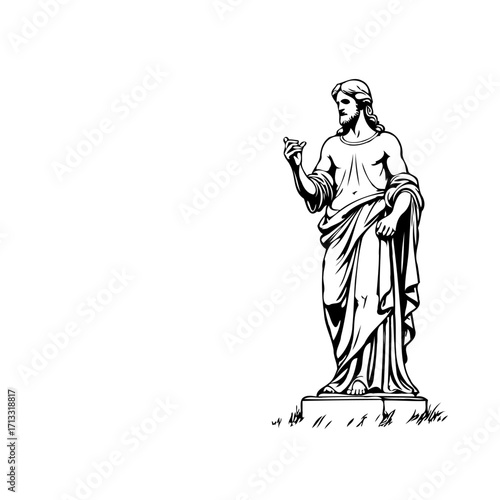 Monochrome depiction of a religious figure standing, holding an object, offering guidance and