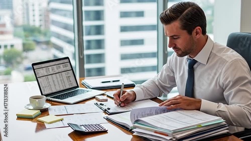 Man Working at Desk in Office Completing Paperwork