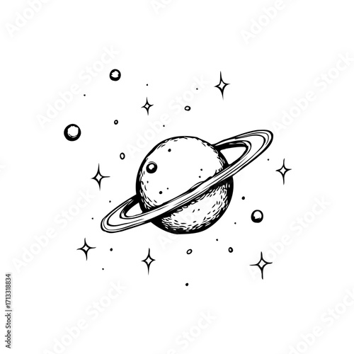 Monochrome depiction of a ringed planet surrounded by celestial bodies in artistic style cosmic