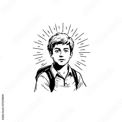 Monochrome depiction of a student with radiating lines evoking notions of innocence and academic