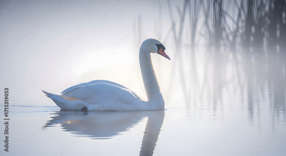 Fototapeta premium Elegant white swan glides gracefully on calm water reflecting soft morning sunlight and vertical ripples