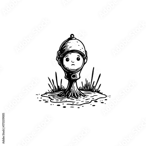 Monochrome dreamy illustration showcasing a whimsical character emerging from the ground with a