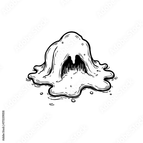 Monochrome flowing mass illustration showcasing a melting form with dark recesses and dynamic