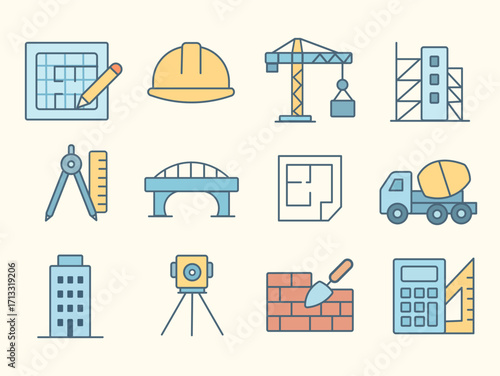 Flat design vector icons of construction, engineering, and architecture tools in a modern colorful style