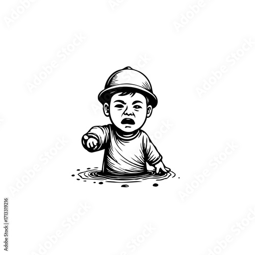Monochrome illustration of a determined toddler adventurer exploring a puddle with unwavering