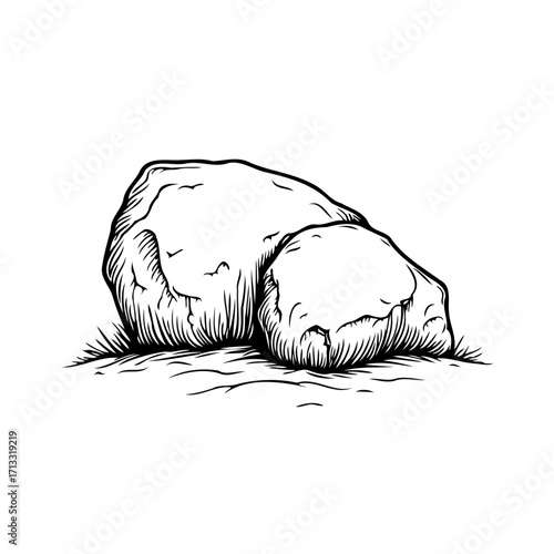 Monochrome illustration displaying a pair of natural smooth stones on grassy bedding in