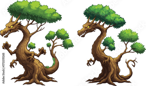 Fantasy dragon shaped trees with glowing eyes, mystical enchanted forest illustration, magical creature tree design for fantasy artwork and backgrounds