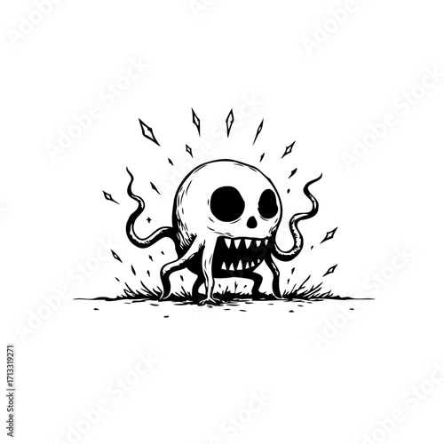 Monochrome illustration of a skull-like creature with tentacles, standing on a textured ground
