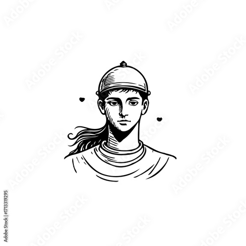 Monochrome illustration of a young man wearing medieval helmet with ponytail hairstyle evokes
