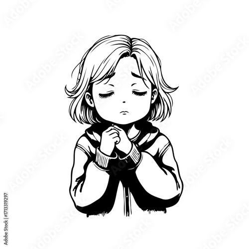 Monochrome illustration of a young girl in quiet contemplation, a heartfelt depiction of inner